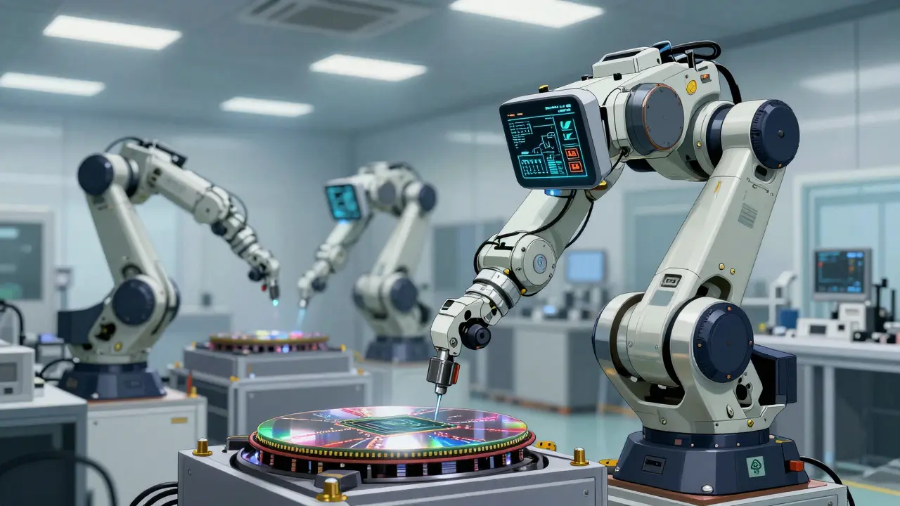 Industrial robot inspecting a microchip in a semiconductor lab