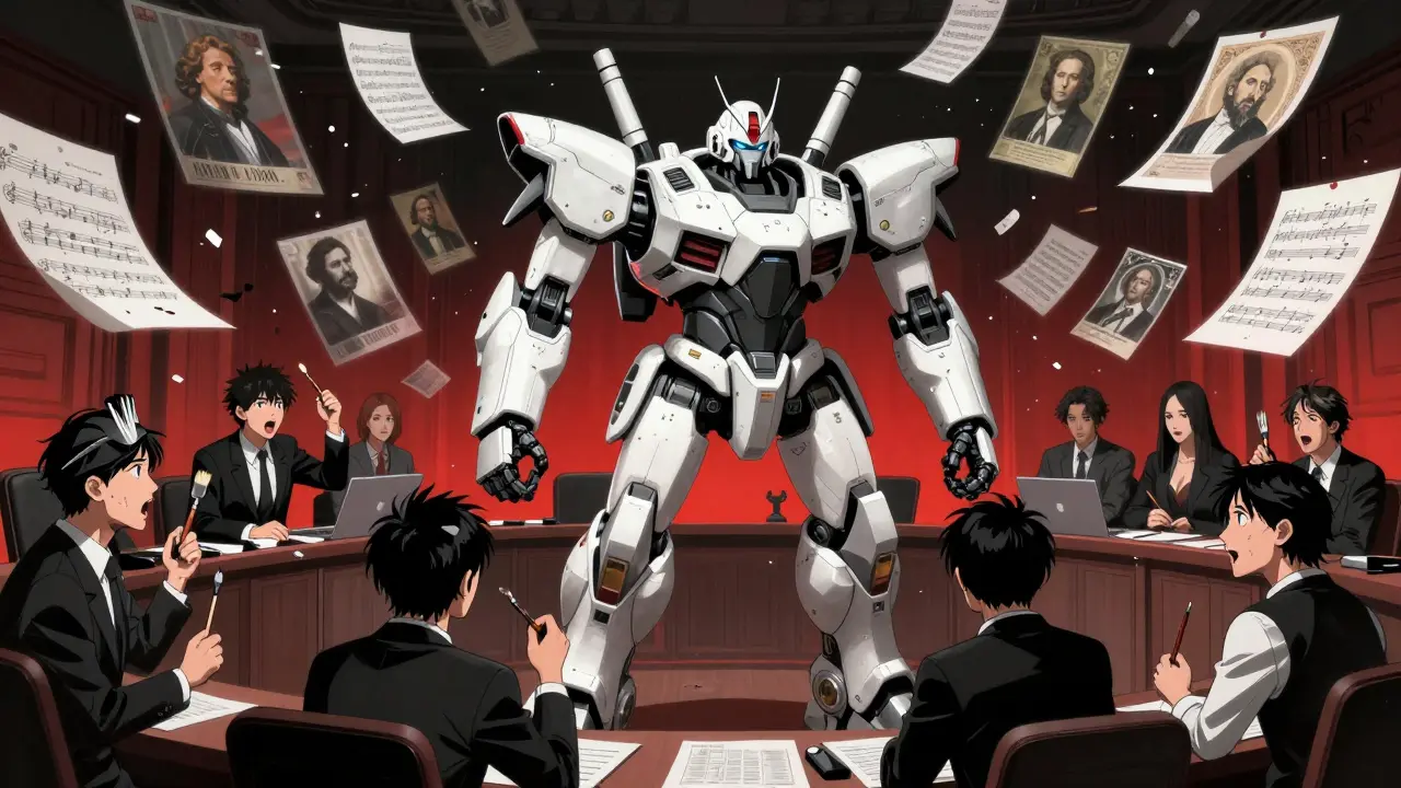 Mech entity surrounded by artists amidst dissolving art in a courtroom