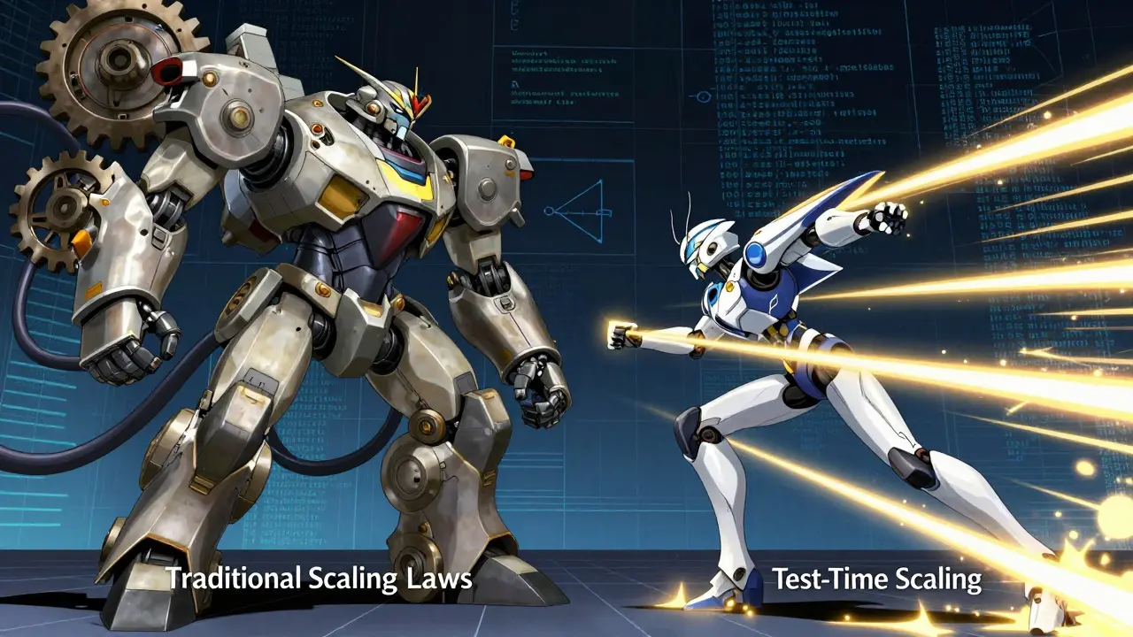 Mecha battle between a bulky robot for traditional scaling and a sleek robot for test-time scaling.