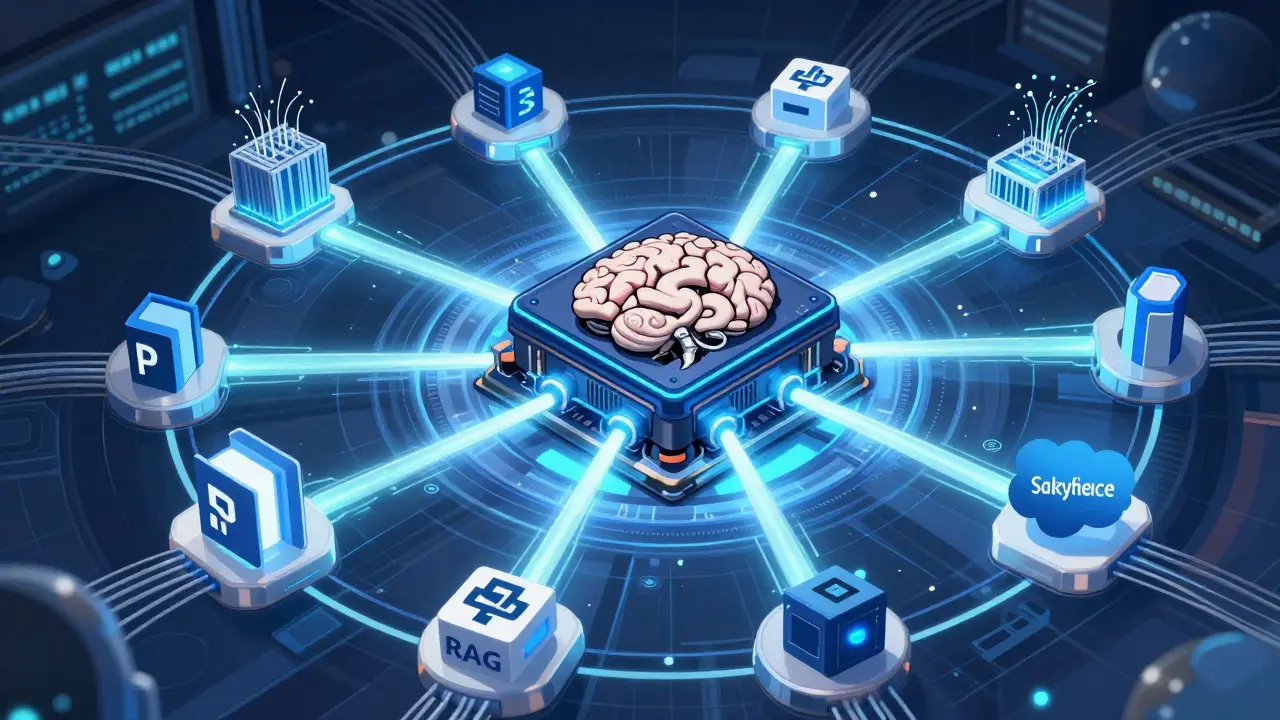 Mechanical brain core connected to orbiting data nodes representing RAG tech