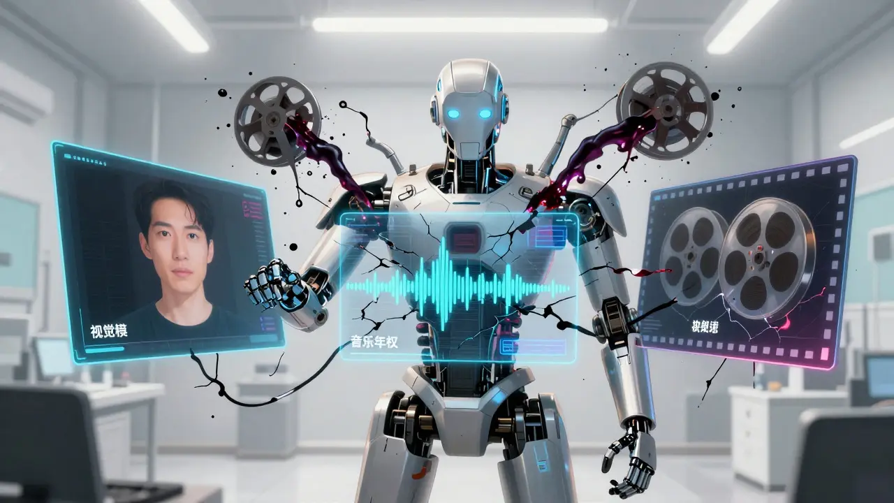 Robot managing cracked holographic screens showing video copyright layers