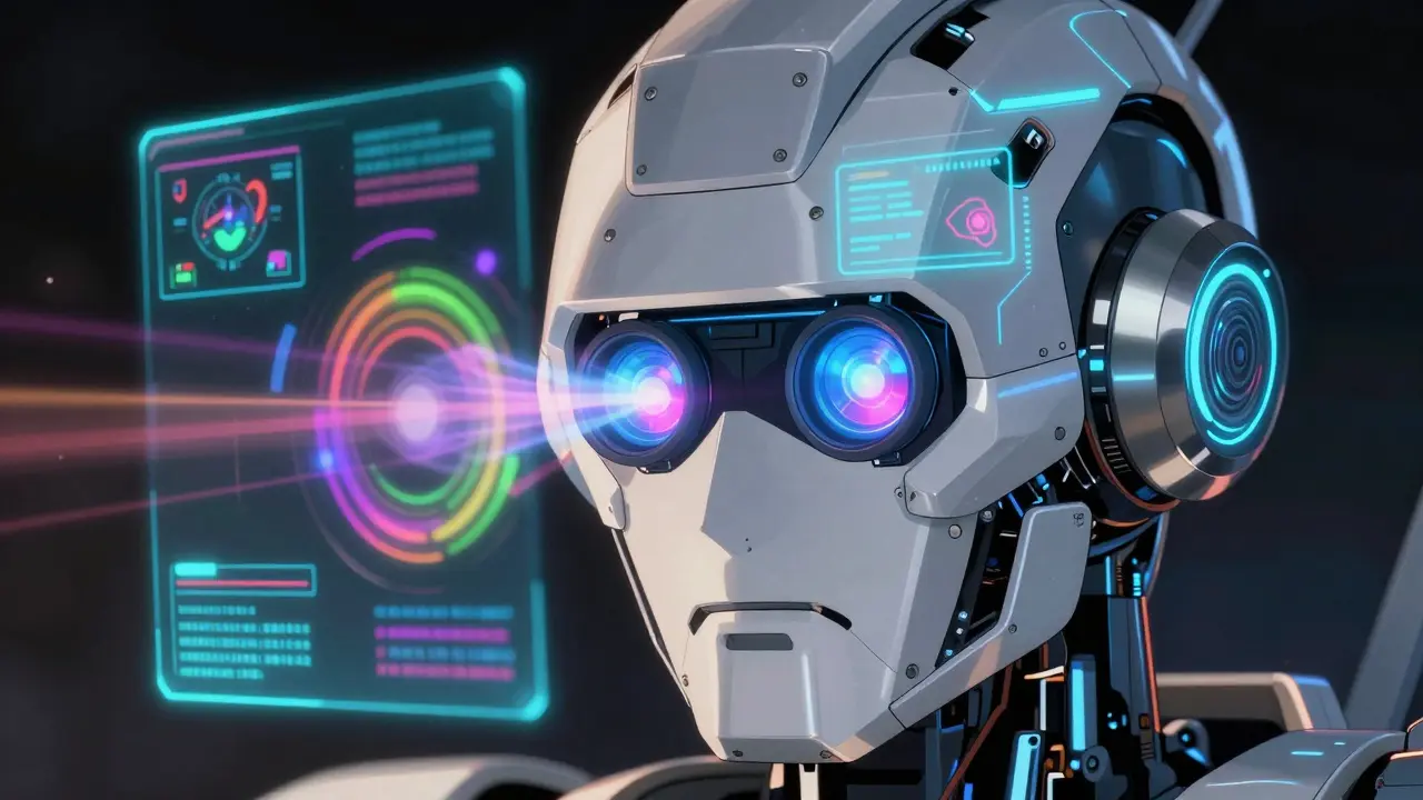 Robot sensor scanning scene with digital data overlays