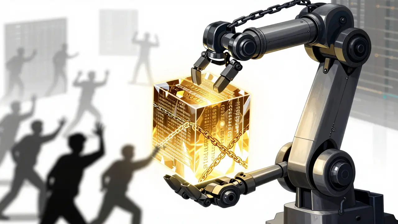 Robotic arm holding a glowing crystal containing immutable audit logs