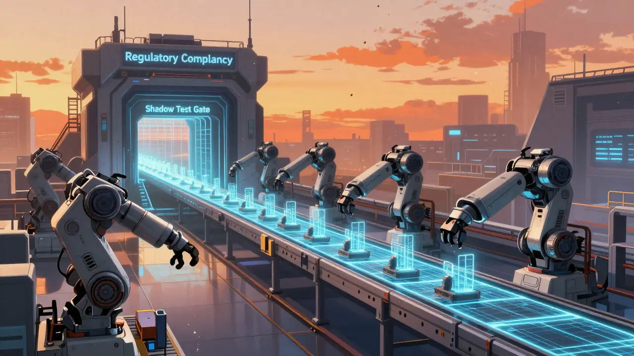 Robots moving through an automated testing gate in a futuristic industrial assembly line.