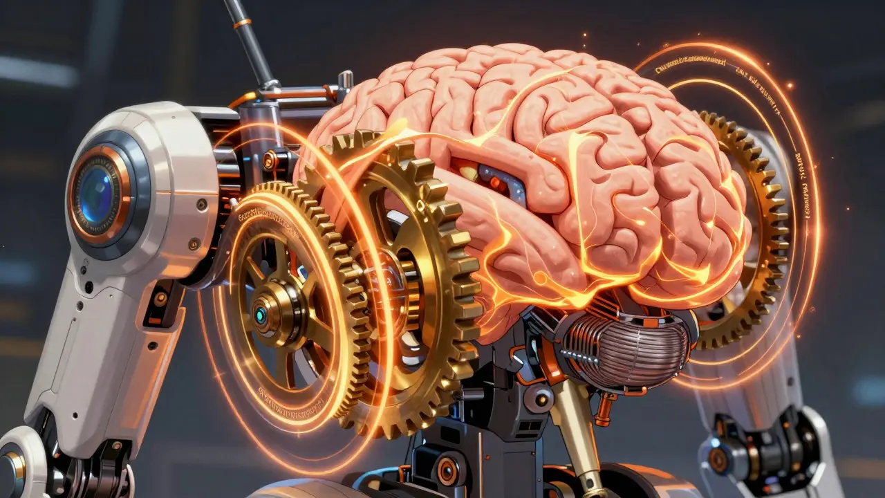 Rotating mechanical rings encoding position in a futuristic AI brain module