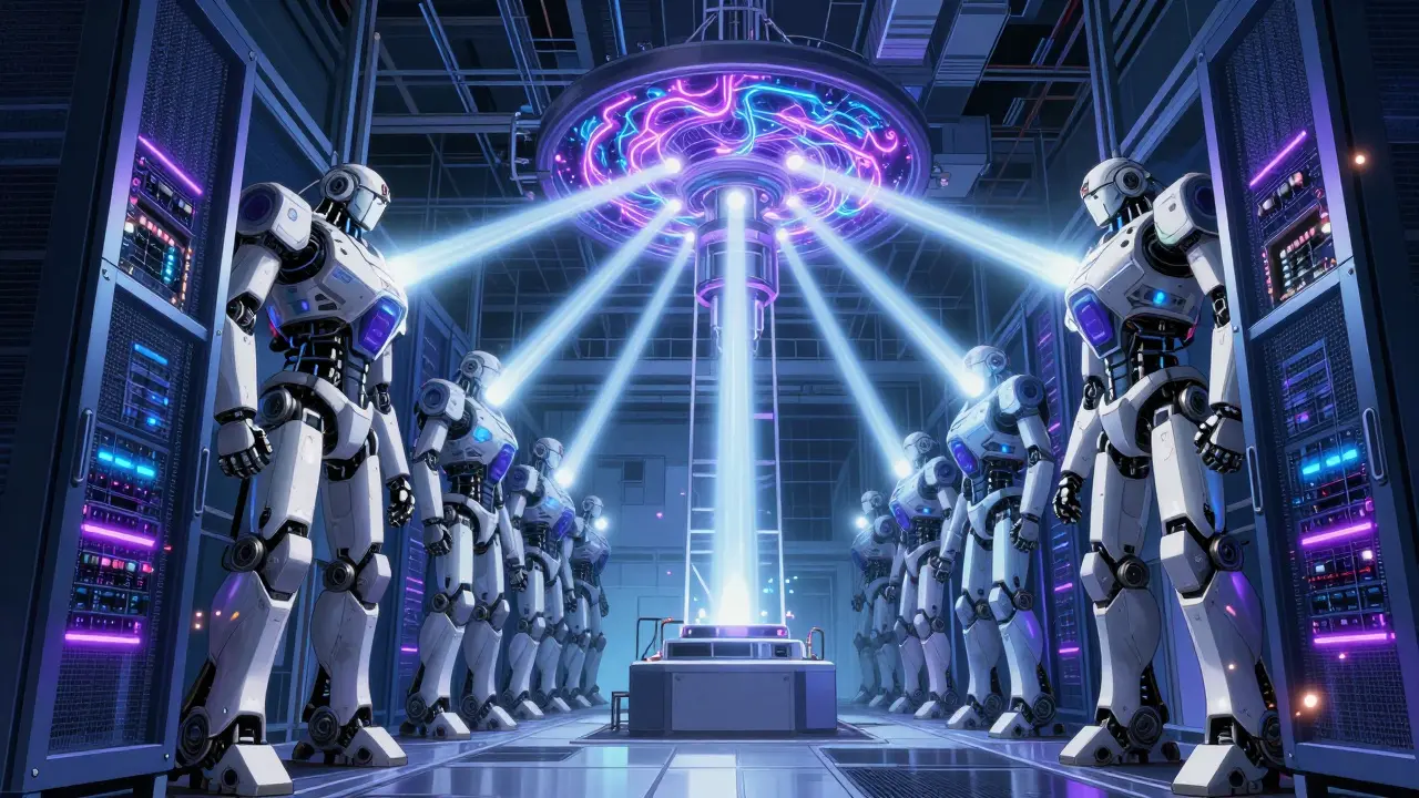 Rows of AI robots connected in a high-energy server farm