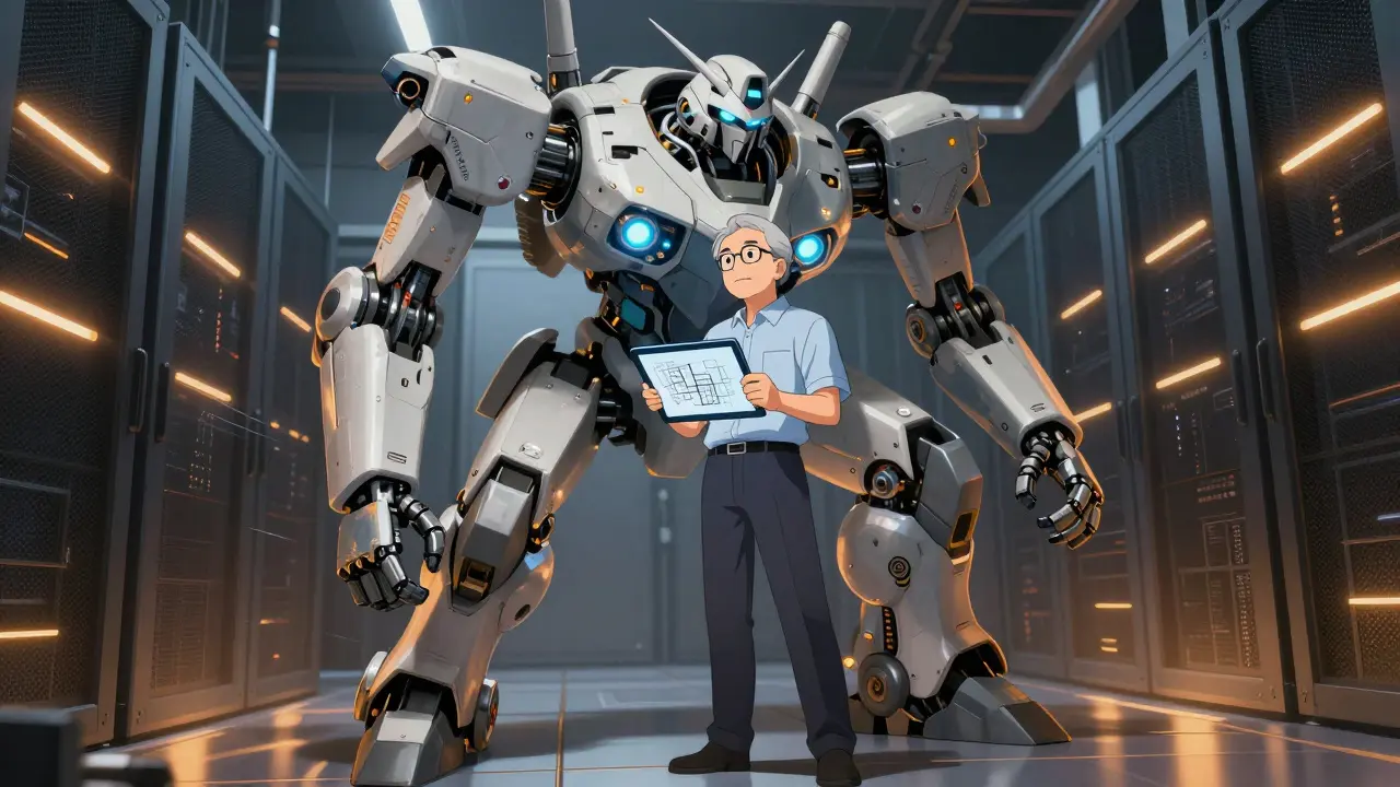 Senior engineer guiding a large mechanical AI assistant in server room