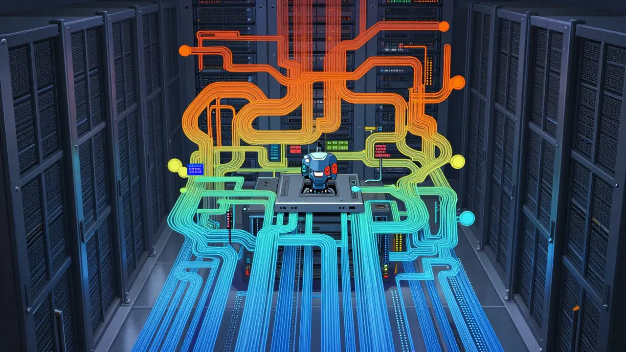 Server room with layered data streams showing easy to hard progression