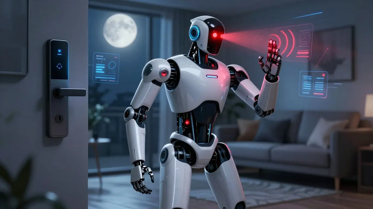 Smart home robot securing house during nighttime intrusion