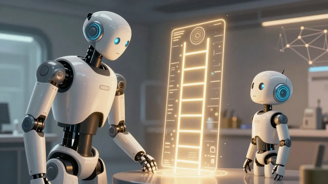 Teacher robot guiding student robot through holographic curriculum