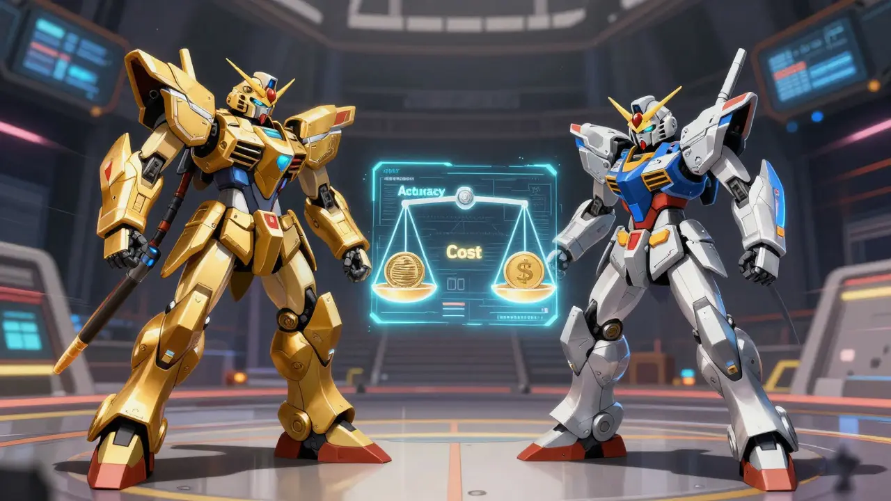 Two mecha units comparing accuracy vs cost on digital scales