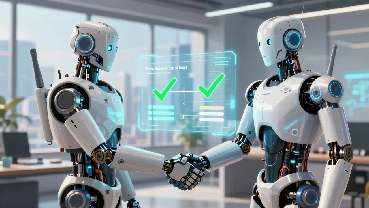 Two robotic team avatars shaking hands over a transparent digital cost ledger.