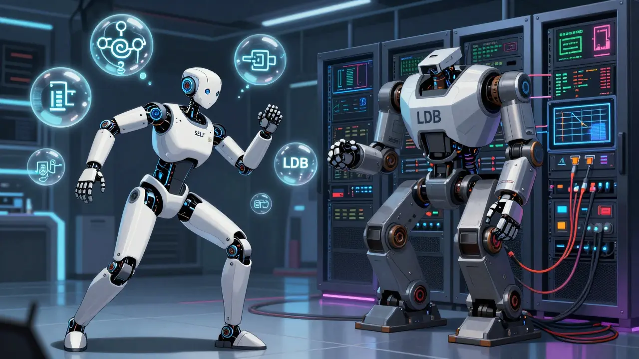 Two robots representing different LLM debugging methods