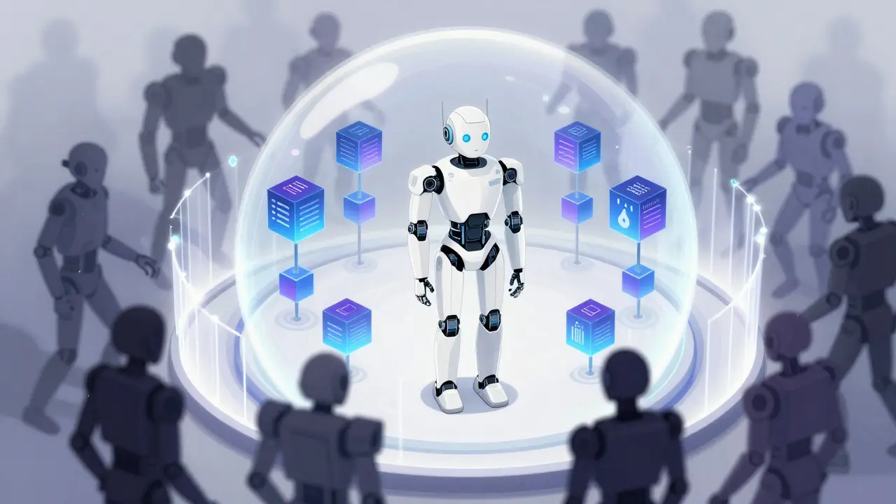 White robot inside a glowing containment field, blocking shadowy intruders in RAG system