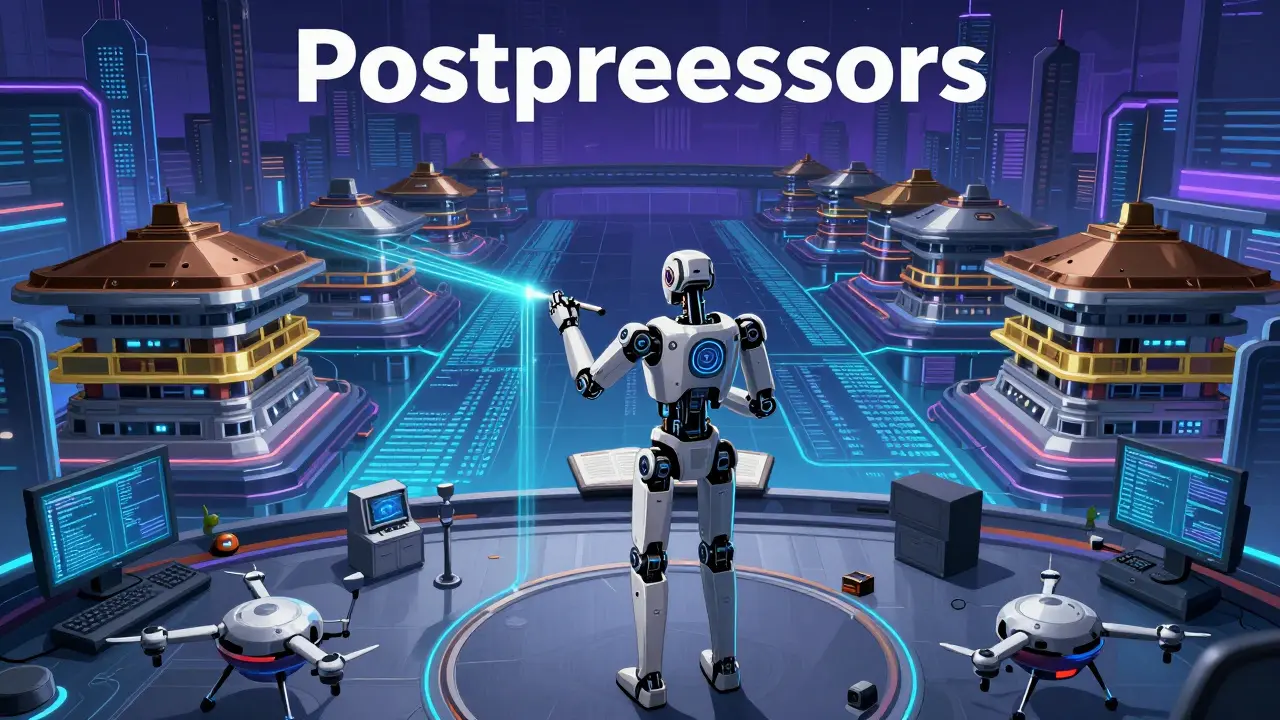 A conductor robot managing post-processing outputs in a digital city