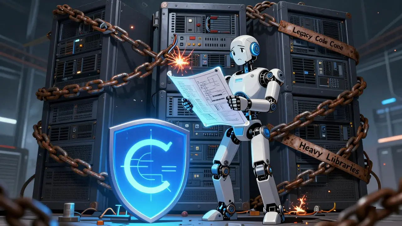 AI robot facing bloated server stacks wrapped in chains of technical debt.