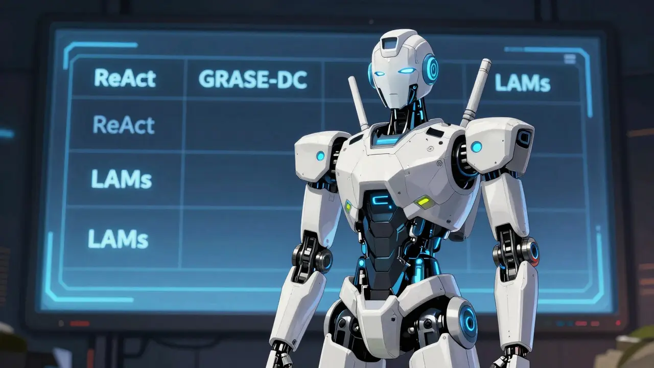An advanced AI robot presenting a comparison of agent planning methodologies on a large screen, highlighting the evolution from ReAct to GRASE-DC and Large Action Models.