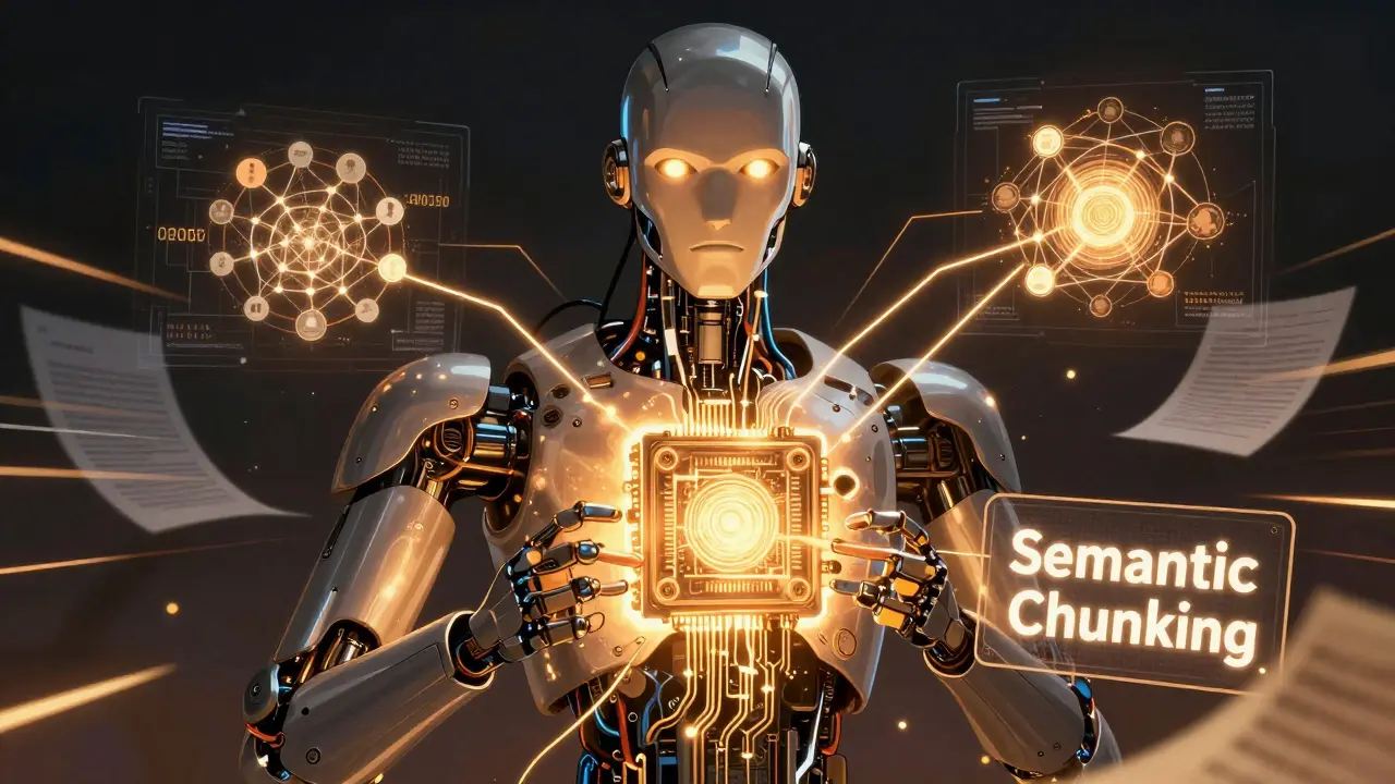 Android processing semantic connections with glowing golden lights