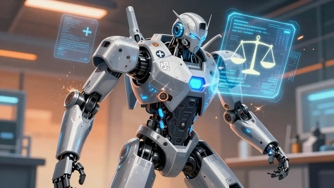 Android robot adapting with holographic medical and legal overlays