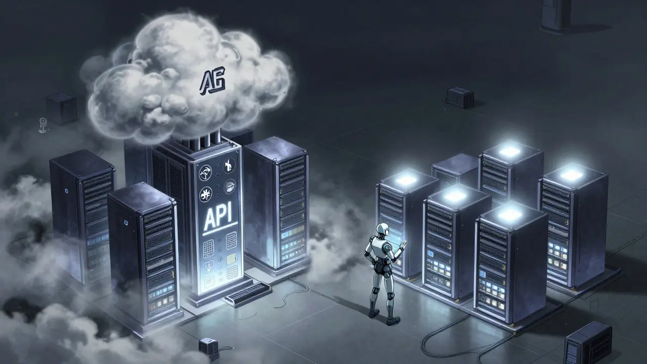 Anime contrast between large cloud tower and modular open-source servers