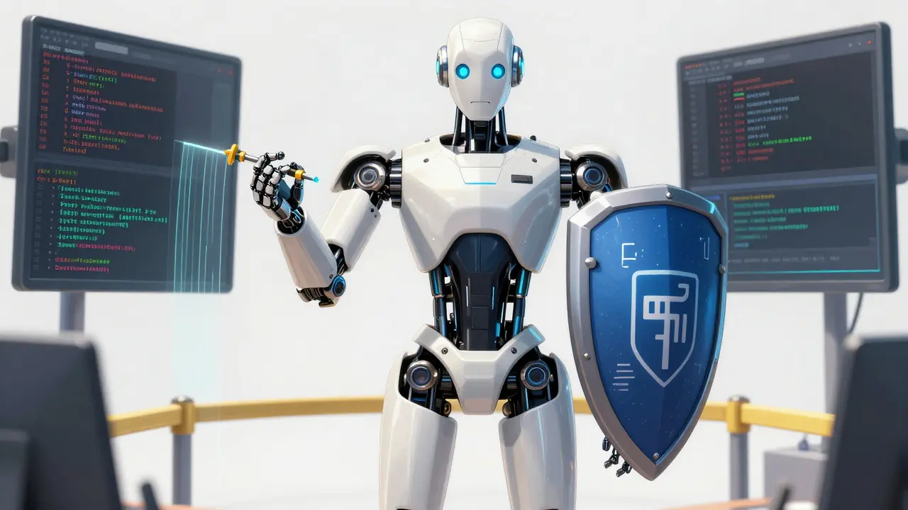 Balanced robot enforcing security and testing protocols in anime real robot style