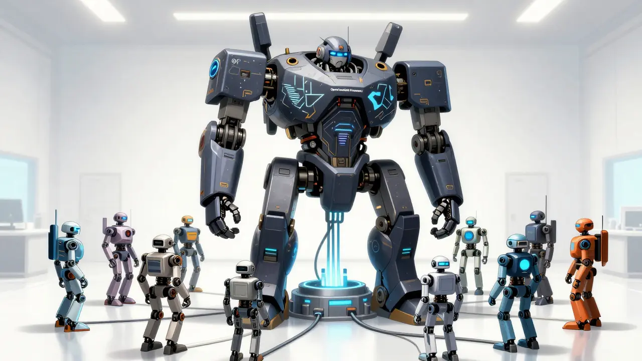 Central mainframe robot connecting diverse AI units for standardized feedback