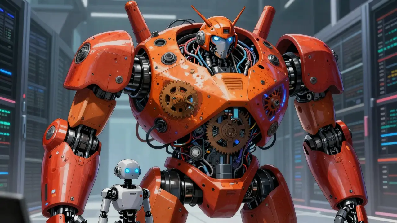 Chaotic robot representing technical debt and code bloat in real robot anime art