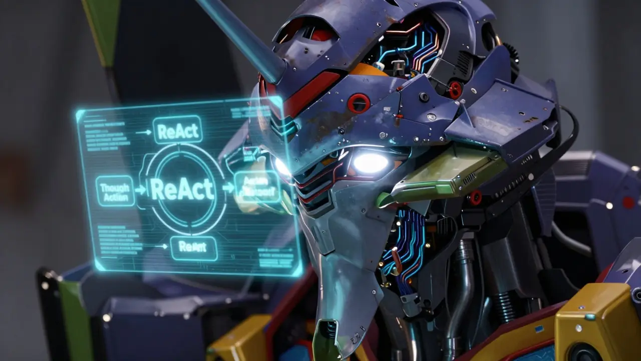 Close-up of a detailed mecha-style robot head analyzing a ReAct reasoning loop hologram, symbolizing the interleaving of thought and action in AI frameworks.