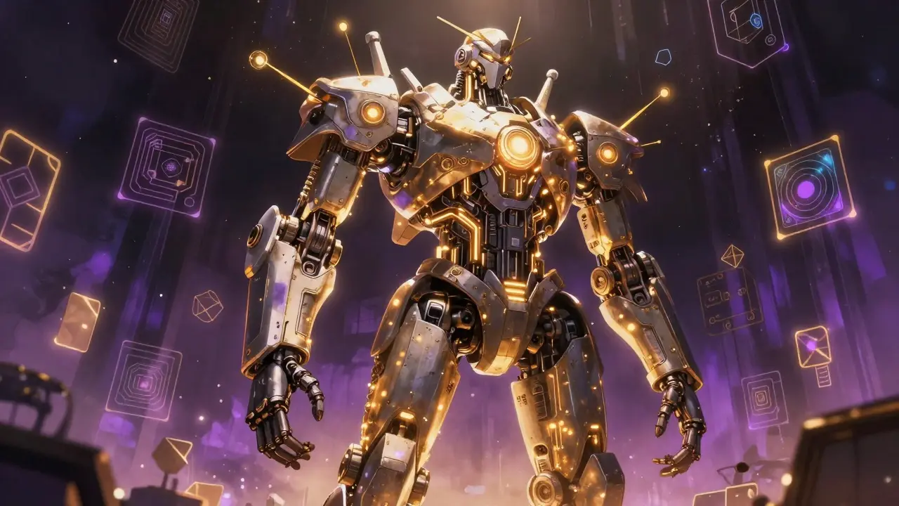 Colossal AI robot emerging from digital void with glowing circuits