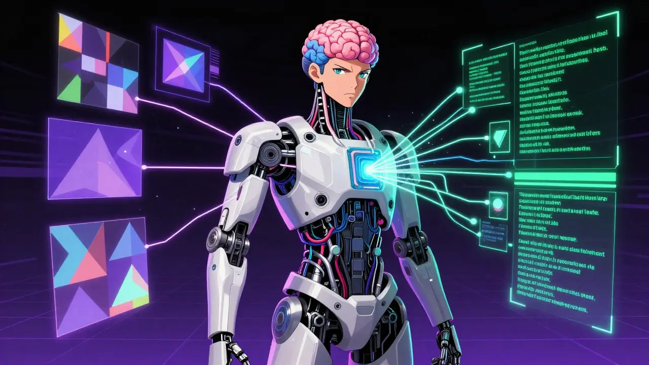 Cybernetic android integrating visual and textual data streams via glowing neural connections