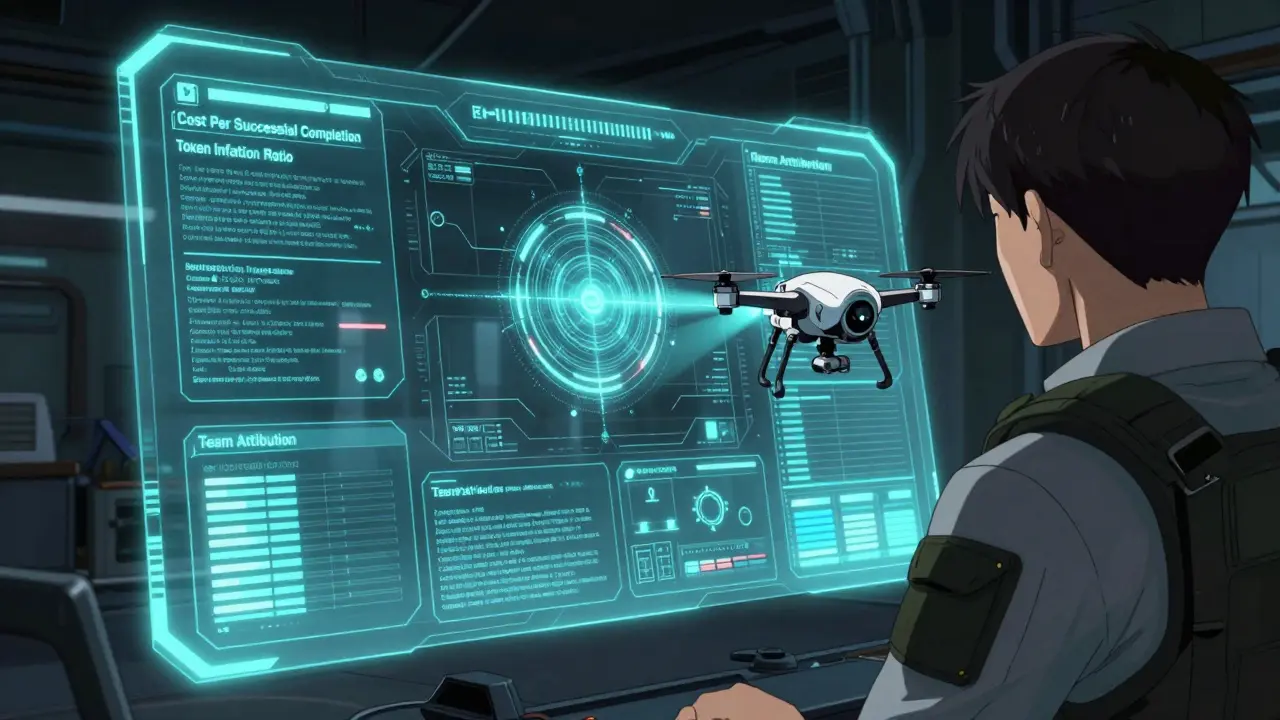 Engineer viewing a detailed holographic LLM cost dashboard with a scanning drone.