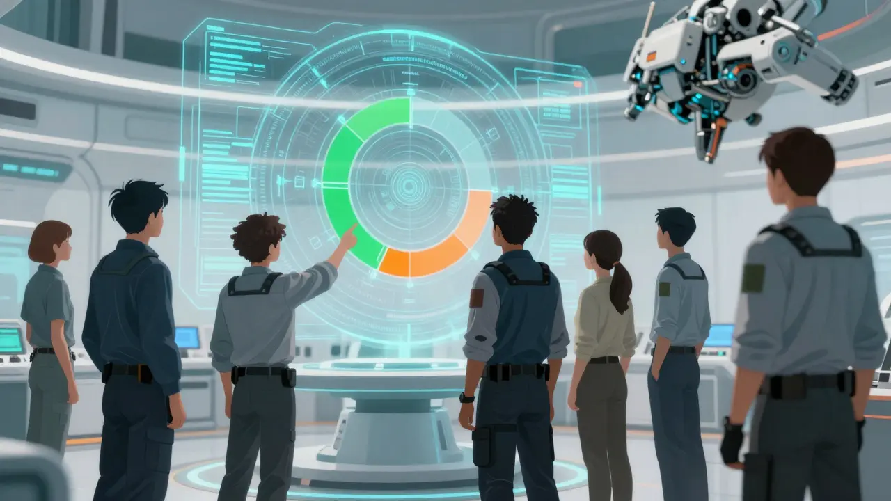 Engineers monitoring holographic pipeline metrics in a control room