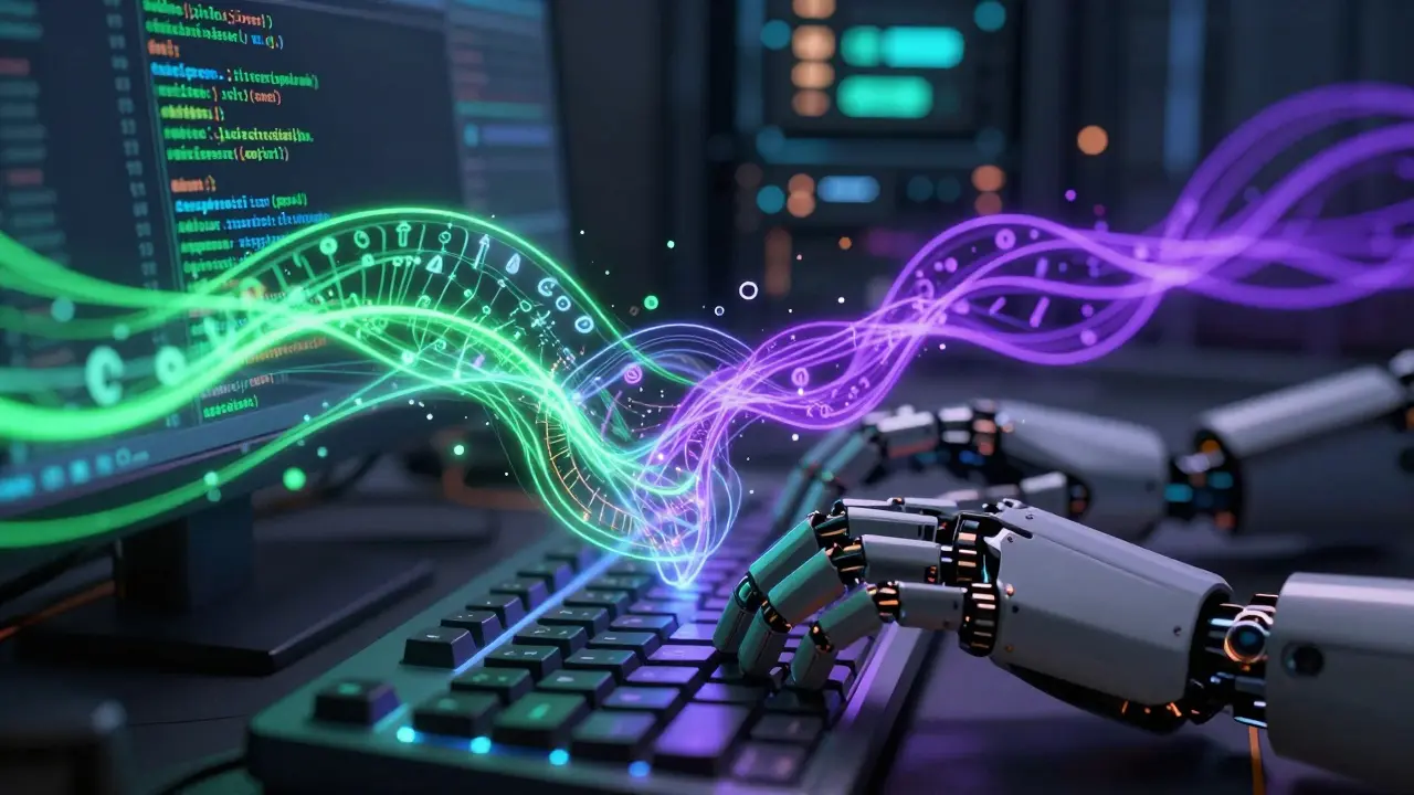 Hands typing with glowing code streams merging human and AI input