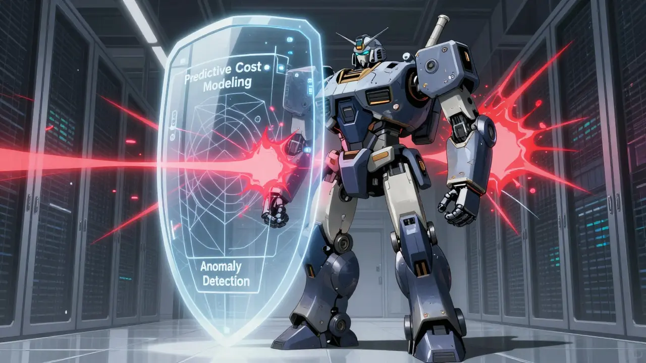 Heavy industrial robot projecting a protective shield against chaotic data spikes.