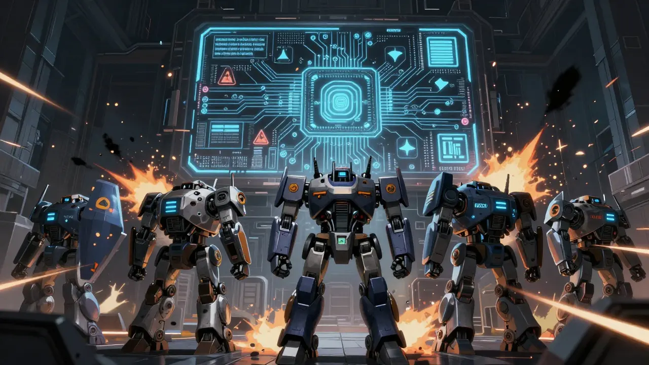 Heavy security robots blocking cyber attacks to protect backend application infrastructure