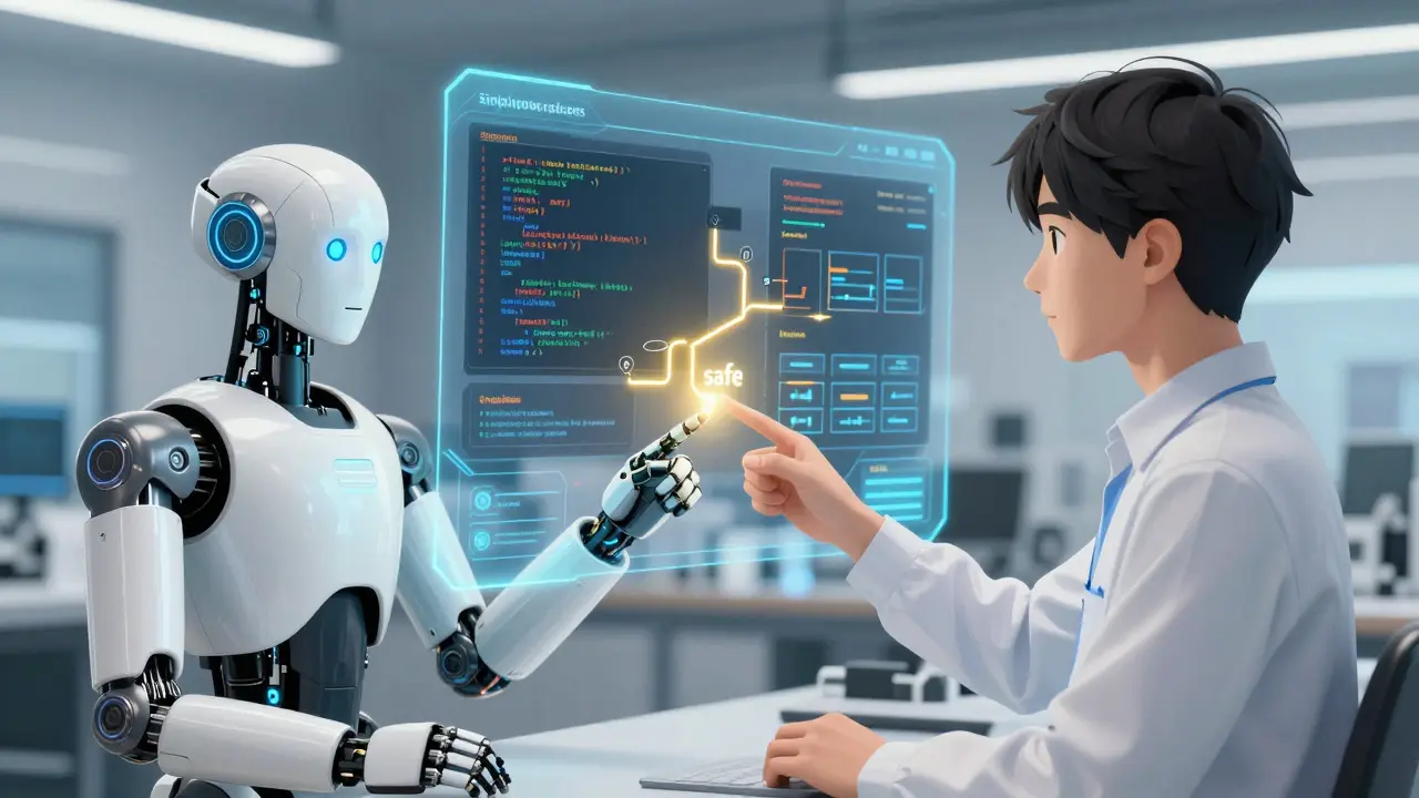 Human and AI reviewing secure code on a holographic display