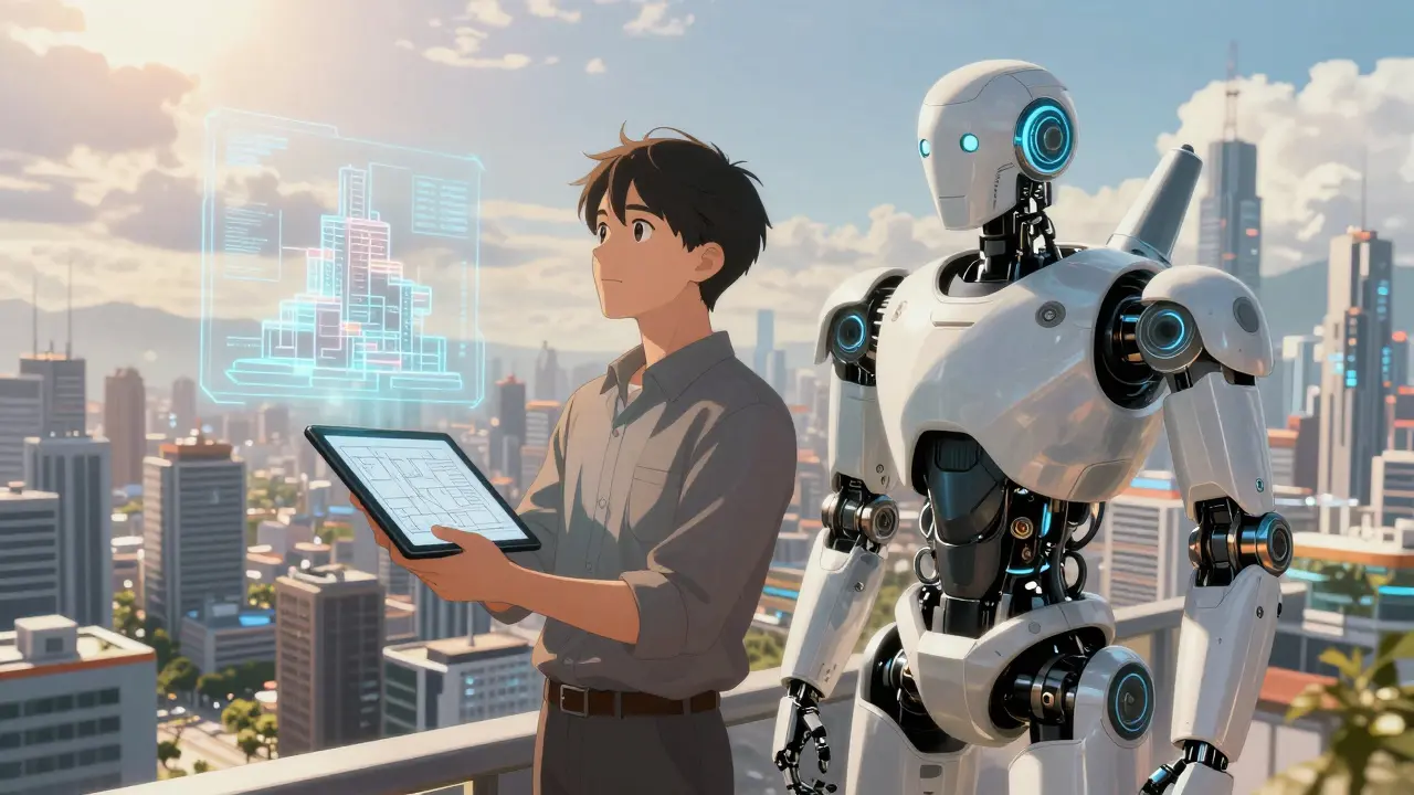 Human and AI robot collaborating on software architecture blueprint