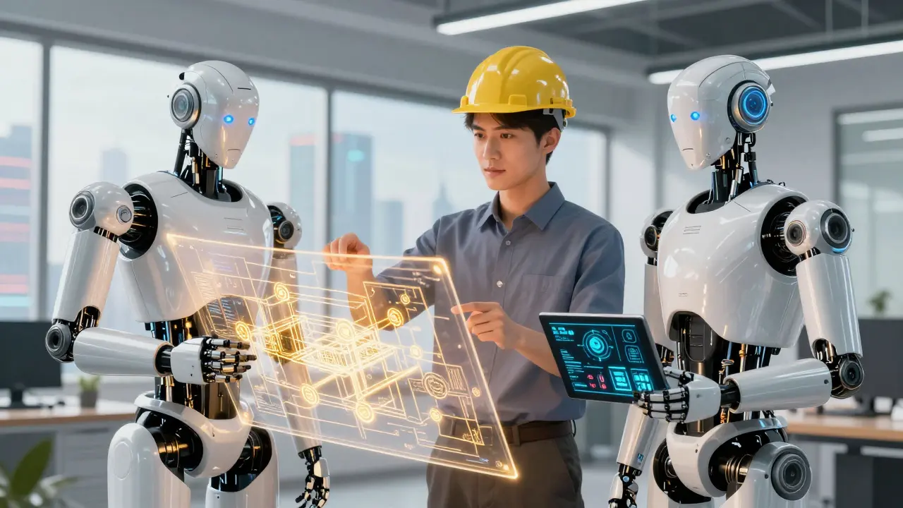Human and AI robot collaborating on software architecture