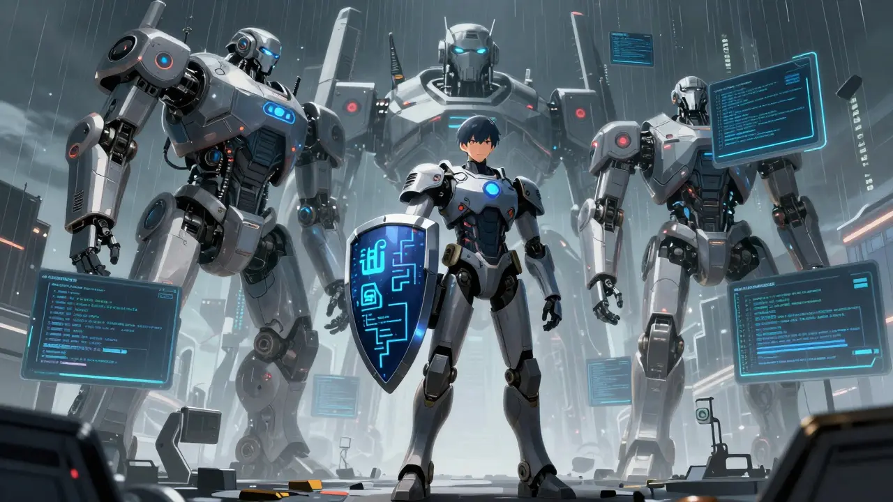 Human figure guarding against AI risks in a futuristic digital landscape