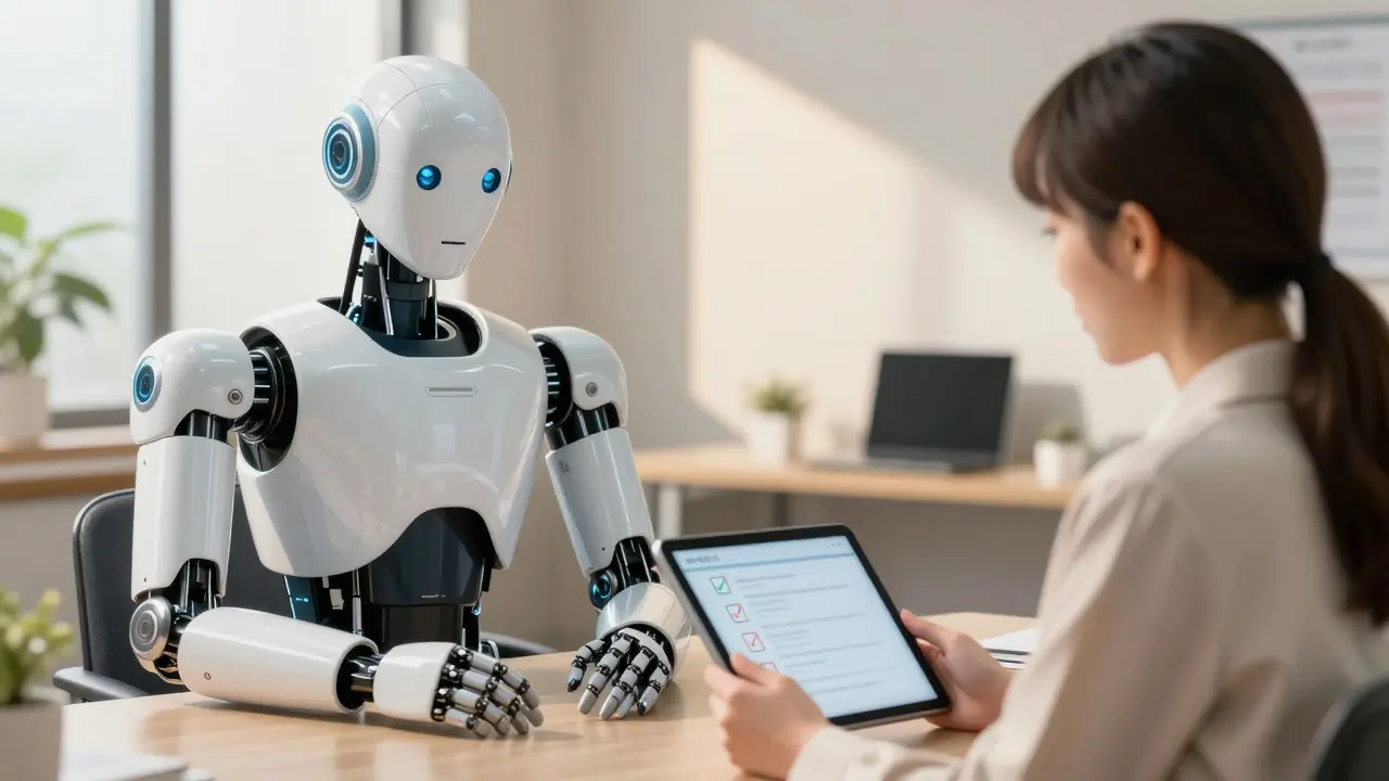 Human HR professional collaborating with a realistic AI robot