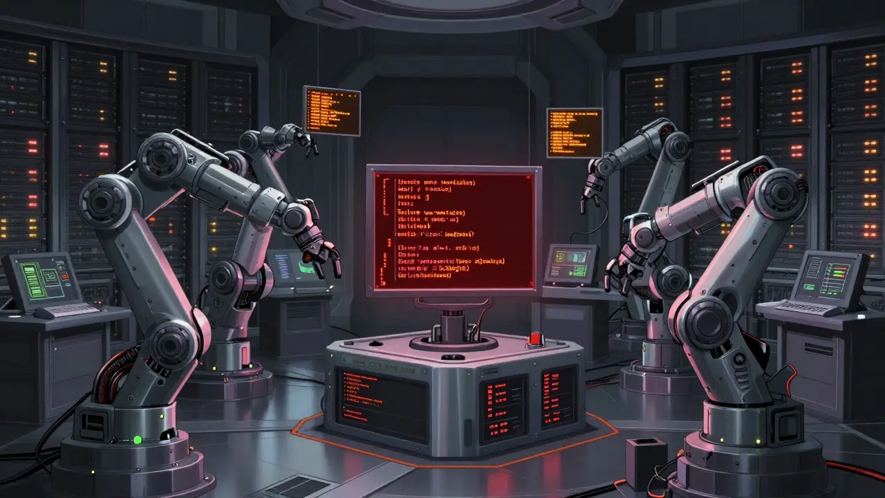 Industrial robots analyzing and refining floating code blocks in server room