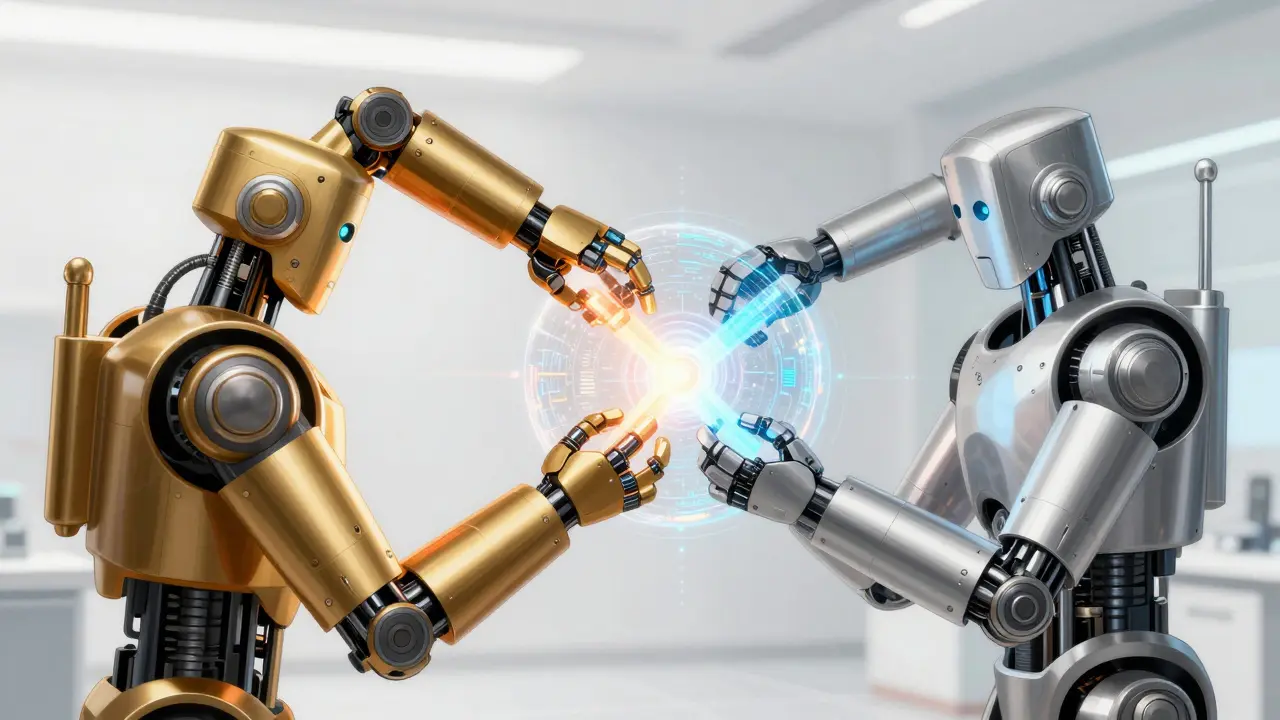 Mechanical arms fusing data layers into a central neural hub