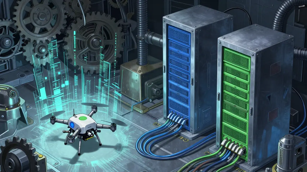Mechanical drones and dual server towers illustrating canary and blue-green deployment strategies.