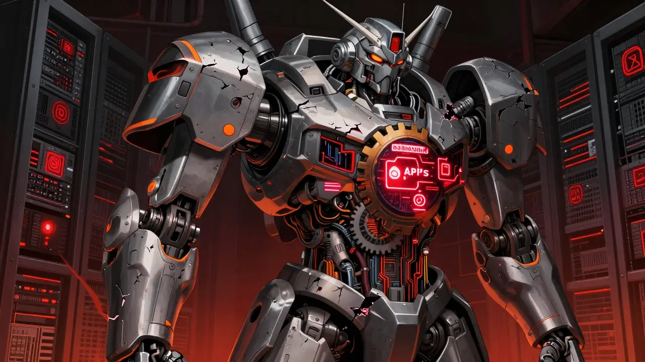Mechanical server machine showing security flaws and hallucinated API errors