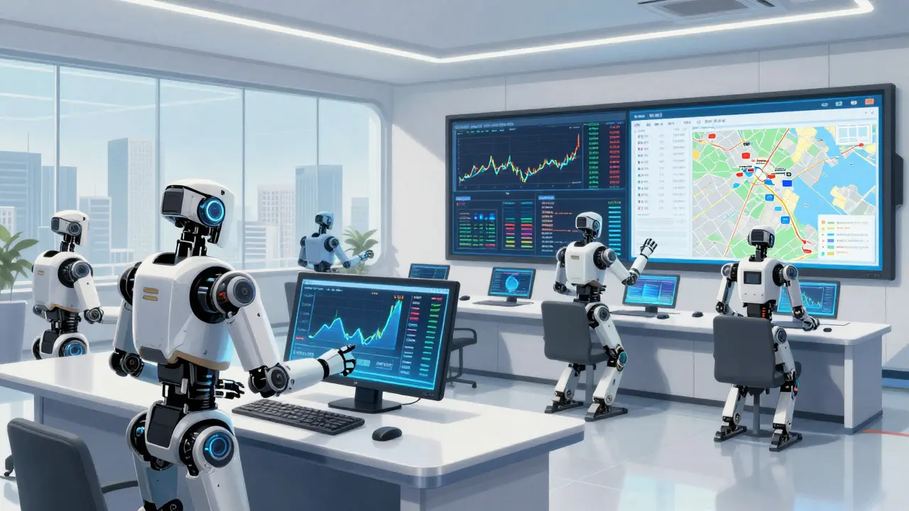 Multiple specialized AI robots collaborating in a high-tech control center, managing various tasks like bookings and logistics, illustrating enterprise automation capabilities.