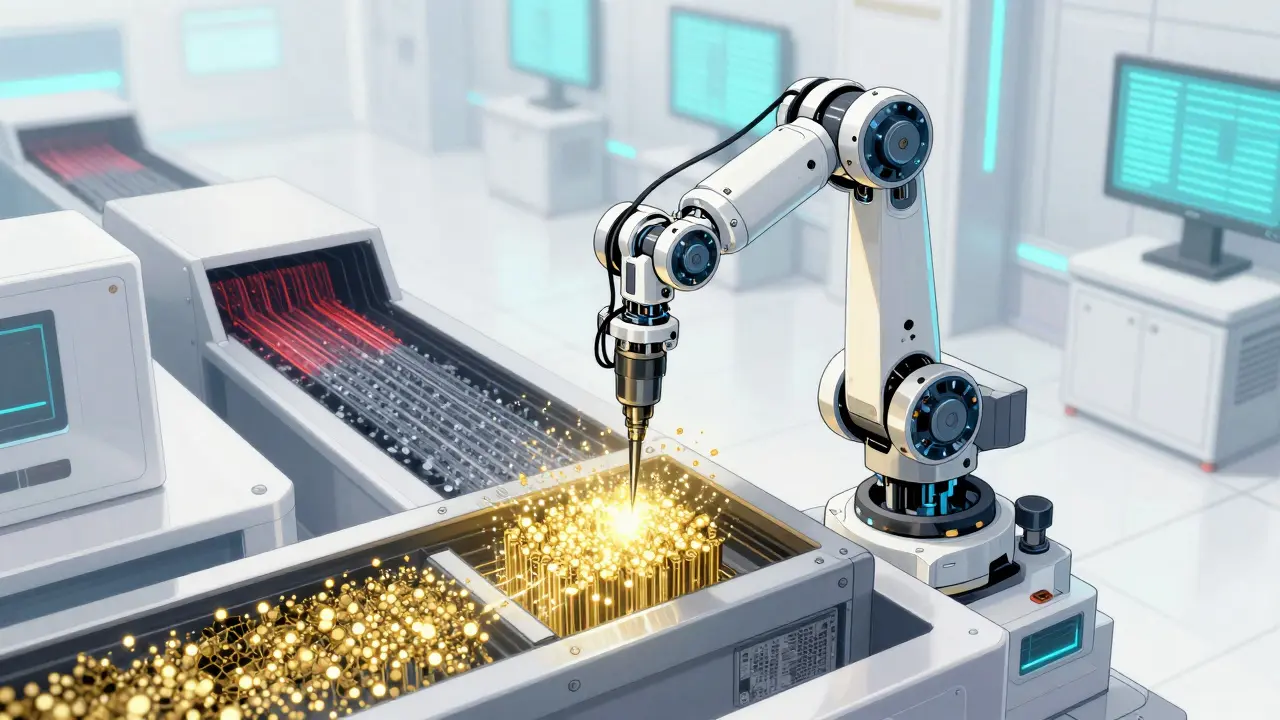 Robotic arm filtering data streams in a clean, high-tech facility, anime style.