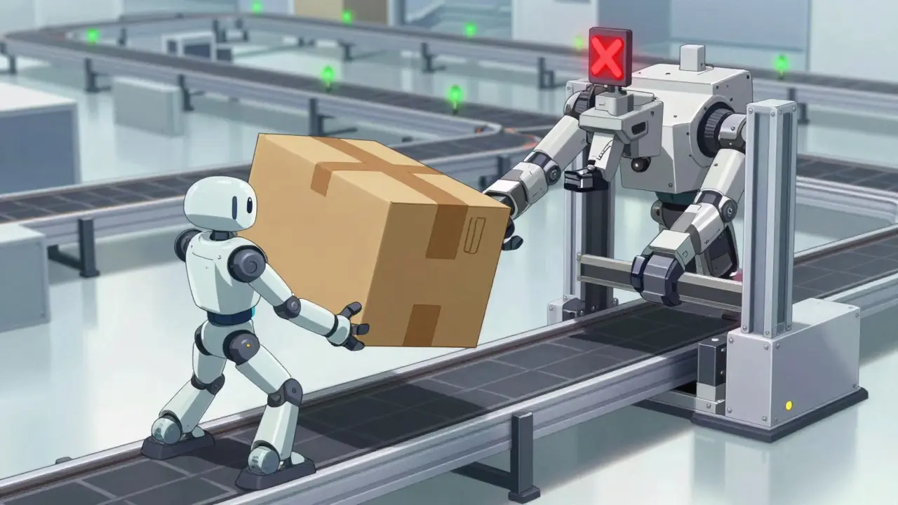 Robotic assembly line rejecting oversized packages to enforce performance budgets.