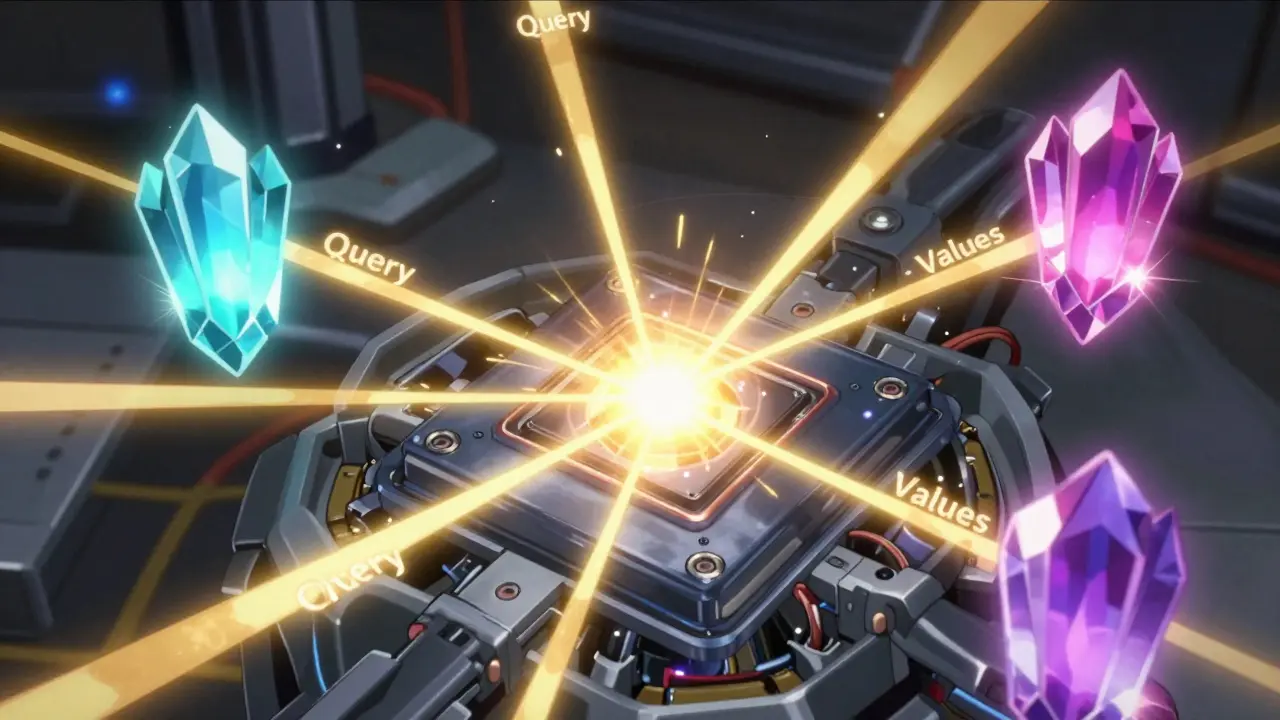 Robotic core emitting query rays hitting crystalline keys and values in a calculation scene