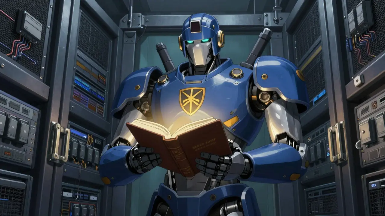 Robotic guardian holding a glowing ledger, symbolizing secure AI governance and compliance.