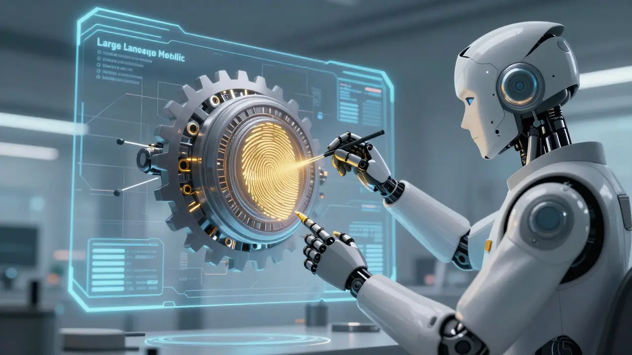 Technician inspecting embedded fingerprints in a holographic AI model